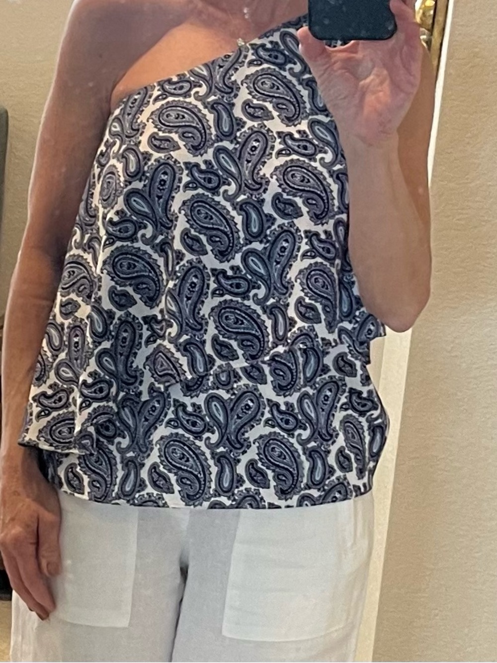 Banana Republic Navy Paisley One-Shoulder blouse.